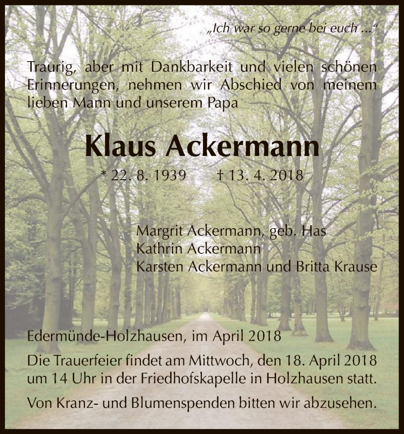  Traueranzeige für Klaus Ackermann vom 16.04.2018 aus HNA