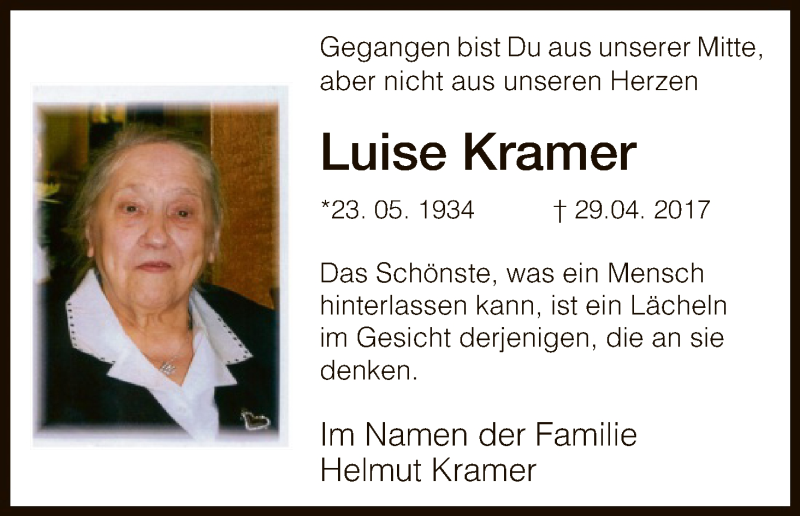 Traueranzeige für Luise Kramer vom 28.04.2018 aus HNA
