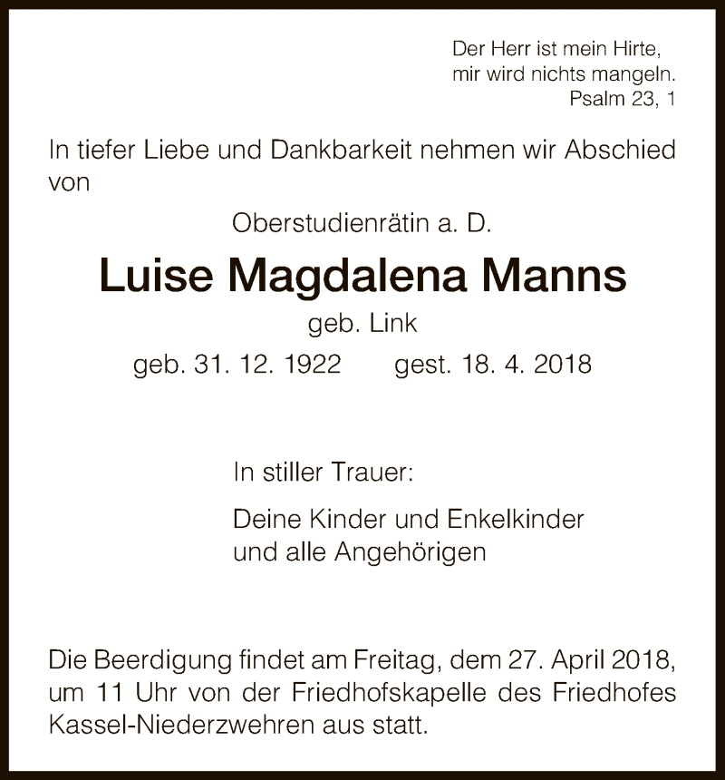  Traueranzeige für Luise Magdalena Manns vom 23.04.2018 aus HNA