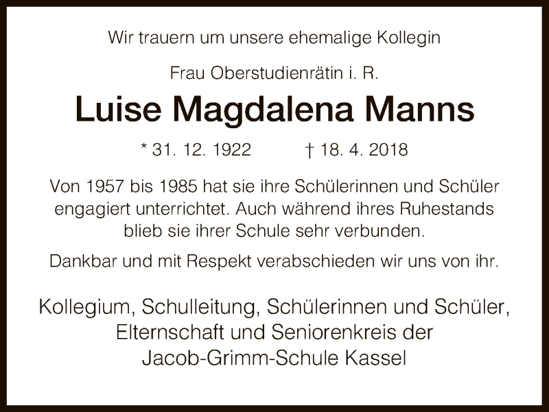  Traueranzeige für Luise Magdalena Manns vom 27.04.2018 aus HNA