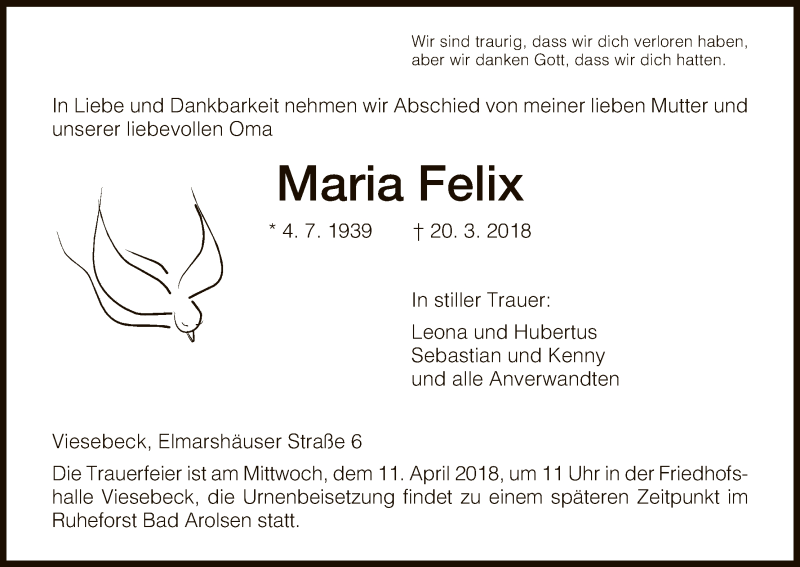  Traueranzeige für Maria Felix vom 07.04.2018 aus HNA
