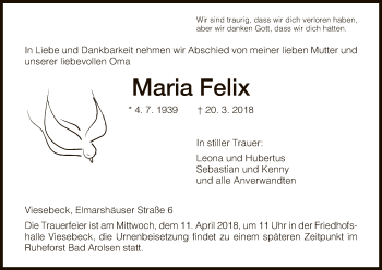 Traueranzeige von Maria Felix von HNA