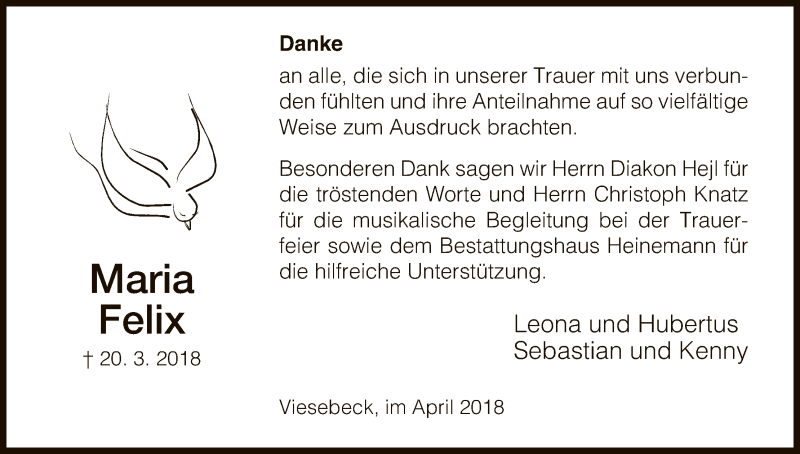  Traueranzeige für Maria Felix vom 28.04.2018 aus HNA
