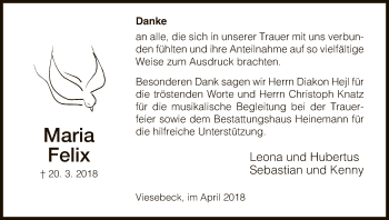 Traueranzeige von Maria Felix von HNA