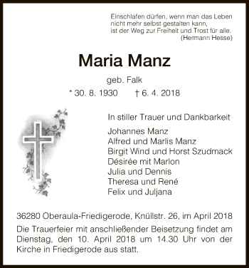 Traueranzeige von Maria Manz von HNA