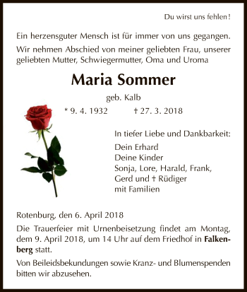 Traueranzeige von Maria Sommer von HNA