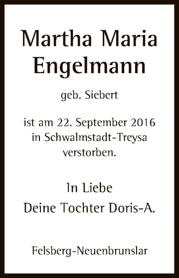 Traueranzeige von Martha Maria Engelmann von HNA