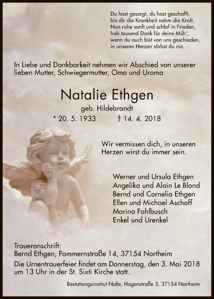  Traueranzeige für Natalie Ethgen vom 21.04.2018 aus HNA