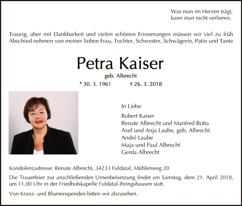  Traueranzeige für Petra Kaiser vom 14.04.2018 aus HNA