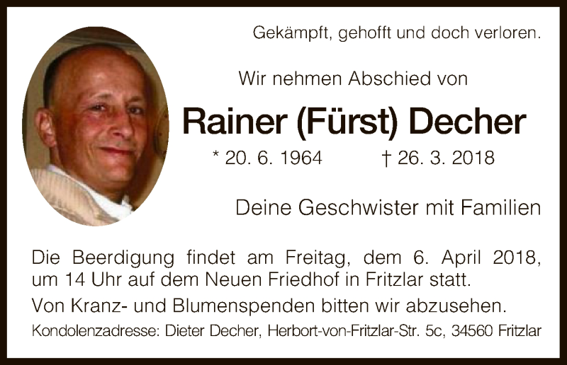  Traueranzeige für Rainer  Decher vom 03.04.2018 aus HNA