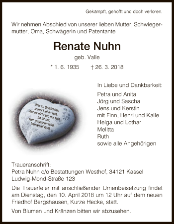 Traueranzeige von Renate Nuhn von HNA