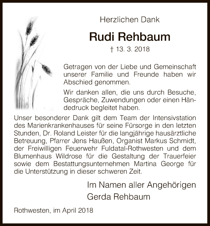  Traueranzeige für Rudi Rehbaum vom 07.04.2018 aus HNA