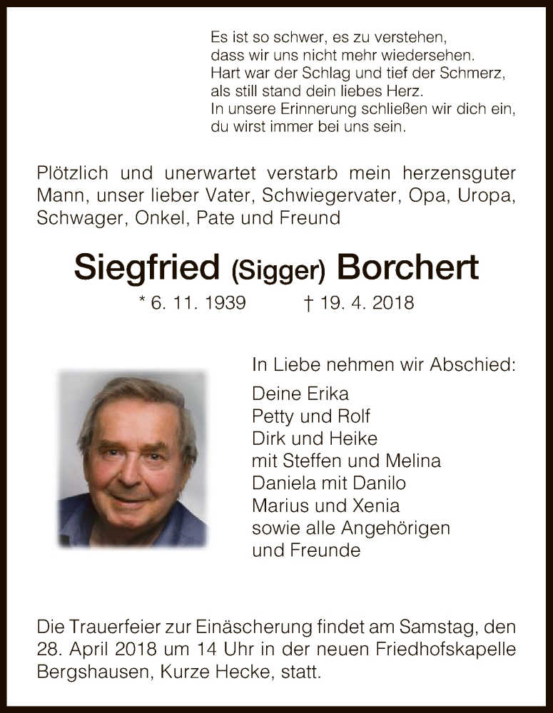  Traueranzeige für Siegfried Borchert vom 25.04.2018 aus HNA