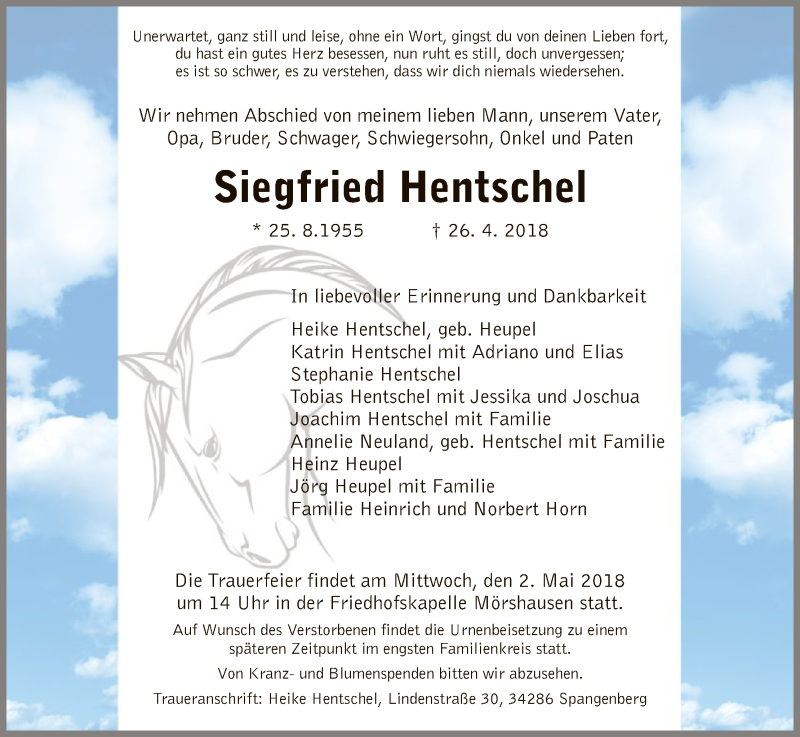  Traueranzeige für Siegfried Hentschel vom 28.04.2018 aus HNA