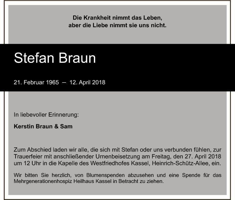  Traueranzeige für Stefan Braun vom 19.04.2018 aus HNA