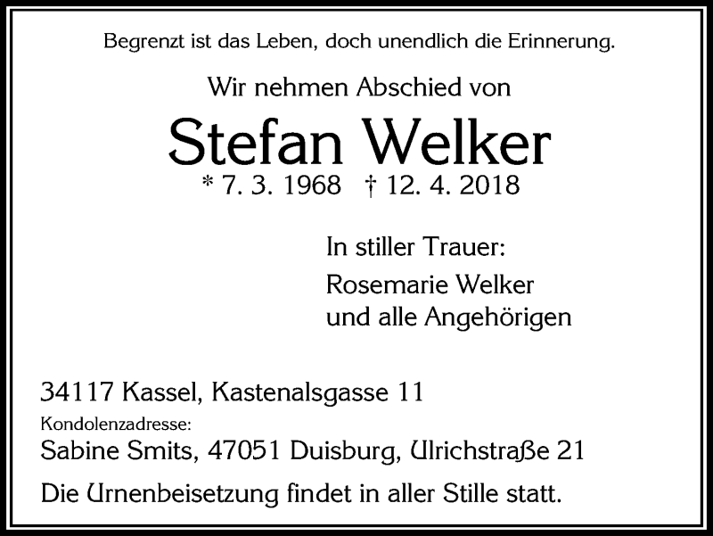  Traueranzeige für Stefan Welker vom 21.04.2018 aus HNA