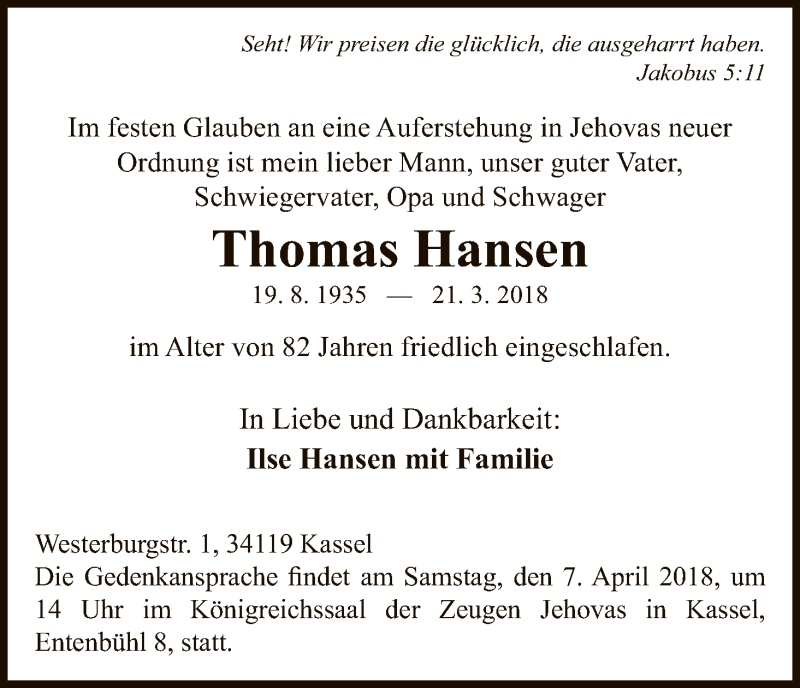 Traueranzeigen von Thomas Hansen | Trauer.HNA.de