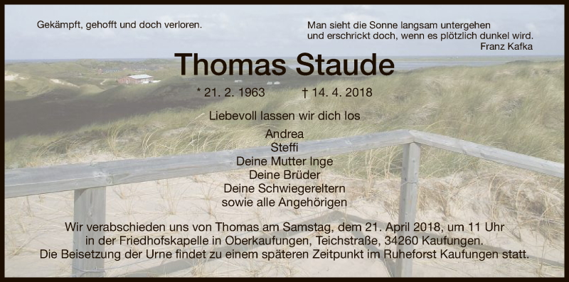  Traueranzeige für Thomas Staude vom 17.04.2018 aus HNA