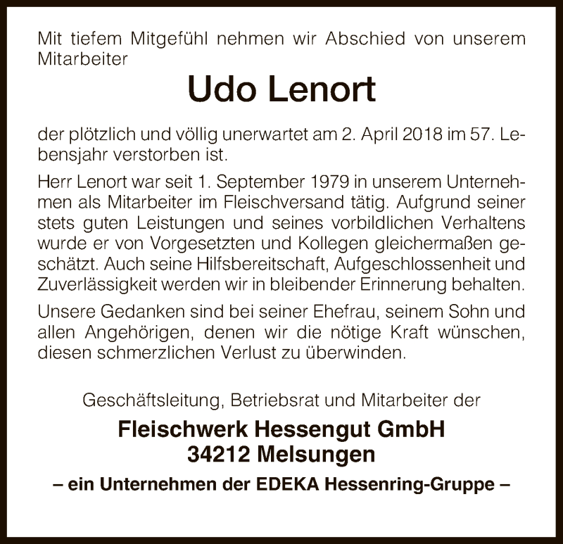  Traueranzeige für Udo Lenort vom 07.04.2018 aus HNA
