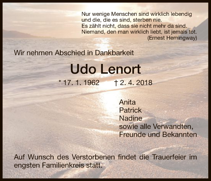  Traueranzeige für Udo Lenort vom 07.04.2018 aus HNA