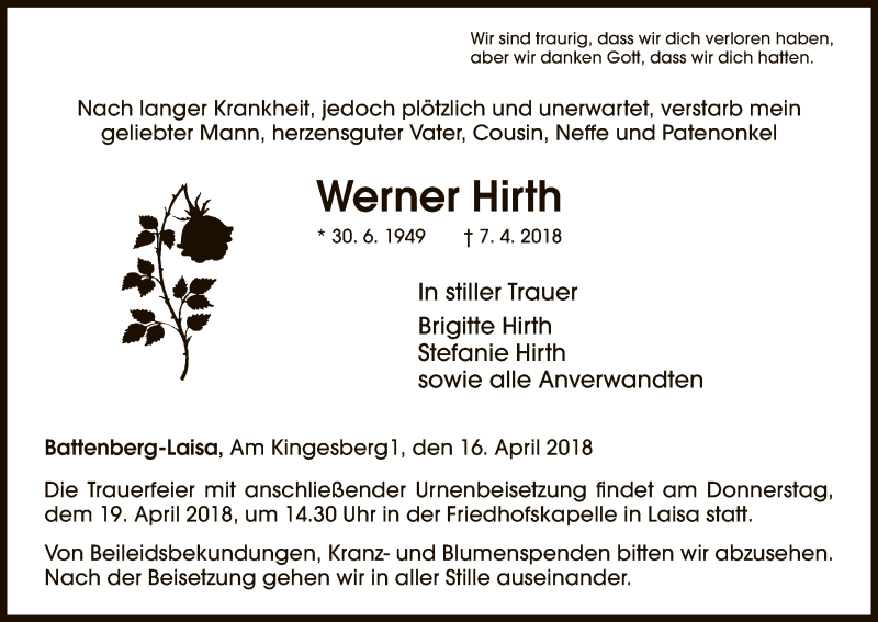  Traueranzeige für Werner Hirth vom 16.04.2018 aus HNA