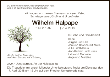 Traueranzeige von Wilhelm Halpape von HNA