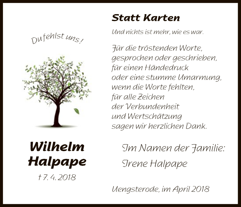  Traueranzeige für Wilhelm Halpape vom 28.04.2018 aus HNA