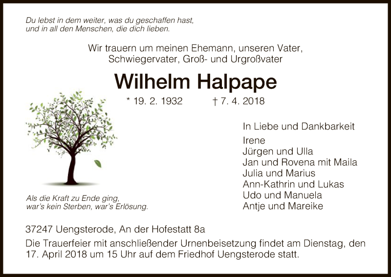 Traueranzeige für Wilhelm Halpape vom 14.04.2018 aus HNA