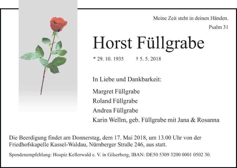  Traueranzeige für Horst Füllgrabe vom 12.05.2018 aus HNA