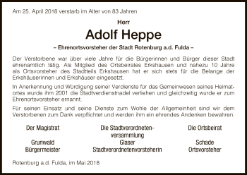 Traueranzeige von Adolf Heppe von HNA