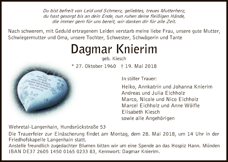  Traueranzeige für Dagmar Knierim vom 23.05.2018 aus HNA