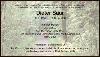 Traueranzeige von Dieter Saur von HNA