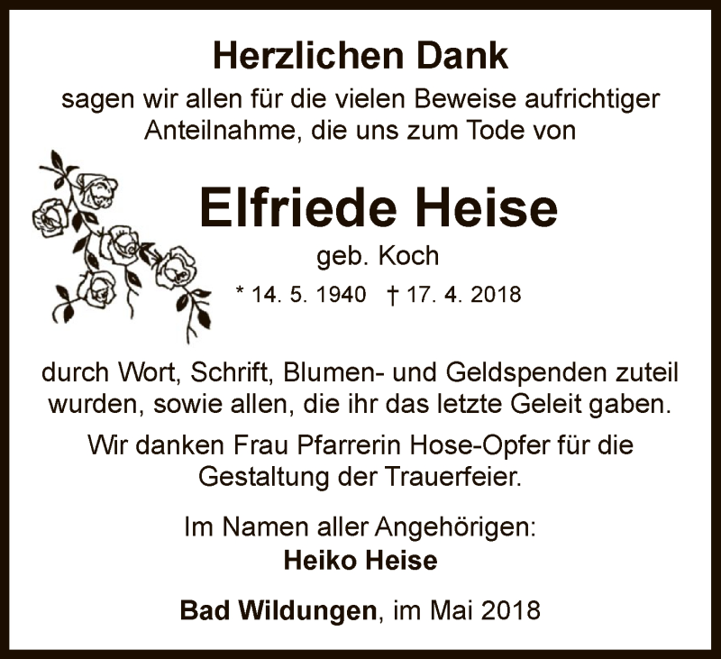  Traueranzeige für Elfriede Heise vom 26.05.2018 aus HNA