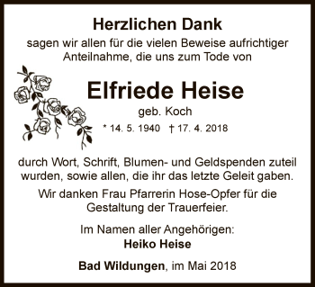 Traueranzeige von Elfriede Heise von HNA