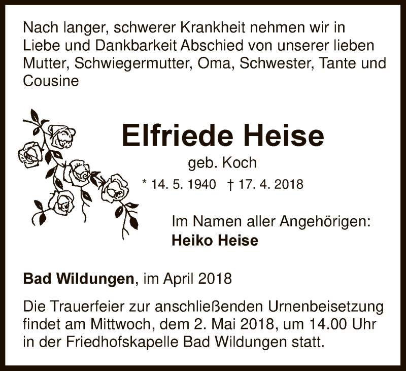  Traueranzeige für Elfriede Heise vom 01.05.2018 aus HNA