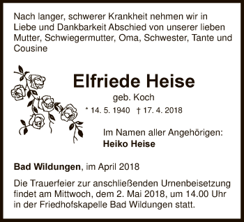 Traueranzeige von Elfriede Heise von HNA
