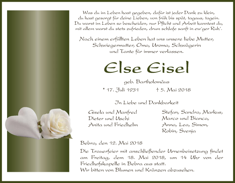  Traueranzeige für Else Eisel vom 12.05.2018 aus HNA