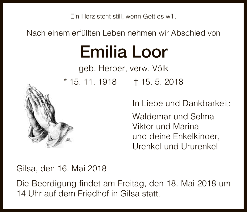  Traueranzeige für Emilia Loor vom 16.05.2018 aus HNA