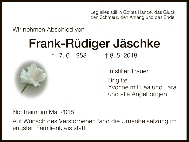  Traueranzeige für Frank-Rüdiger Jäschke vom 26.05.2018 aus HNA