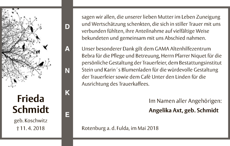  Traueranzeige für Frieda Schmidt vom 05.05.2018 aus HNA
