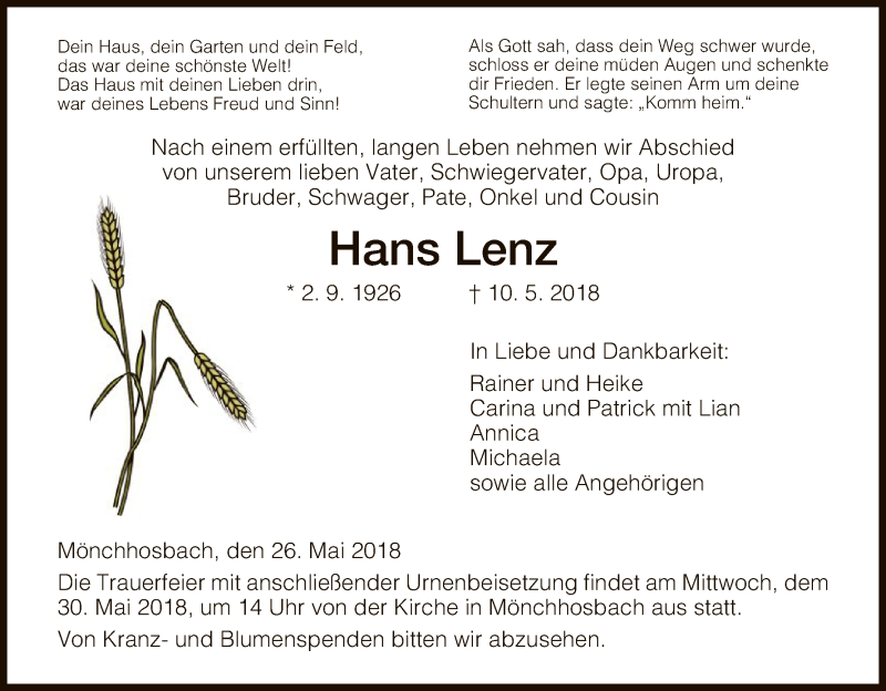 Traueranzeigen von Hans Lenz Trauer.HNA.de