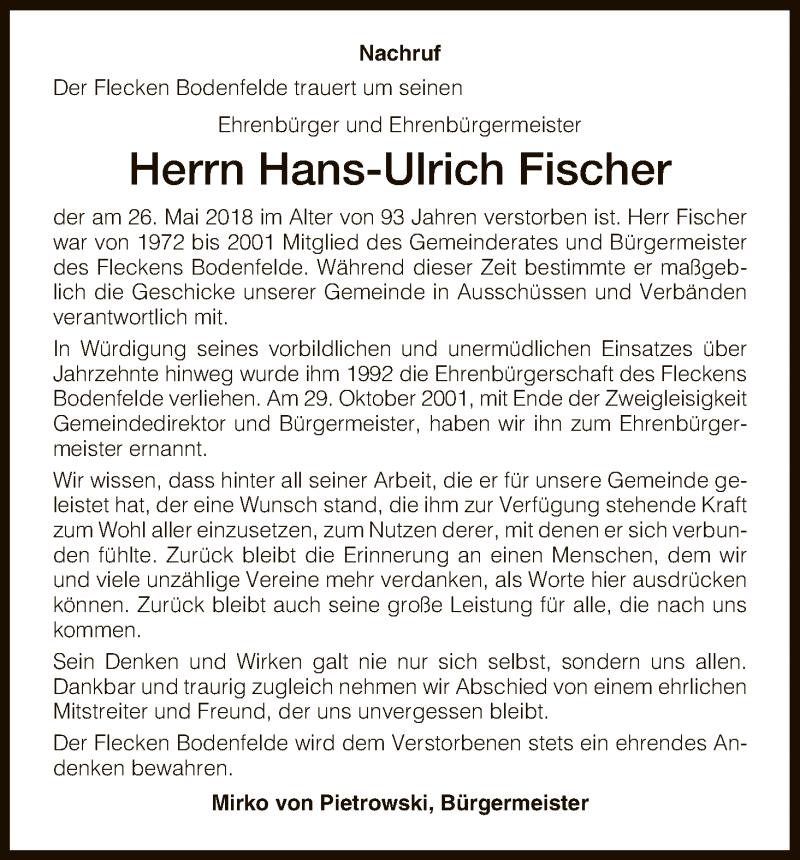  Traueranzeige für Hans-Ulrich Fischer vom 30.05.2018 aus HNA