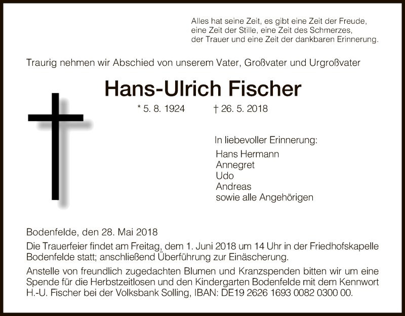  Traueranzeige für Hans-Ulrich Fischer vom 28.05.2018 aus HNA
