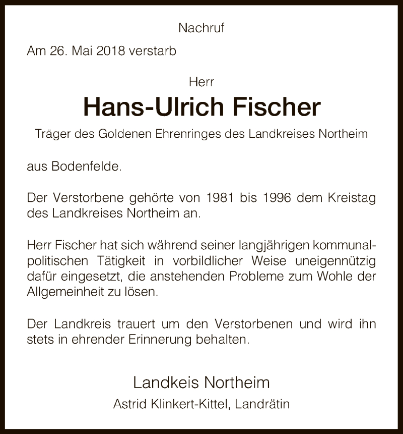  Traueranzeige für Hans-Ulrich Fischer vom 31.05.2018 aus HNA