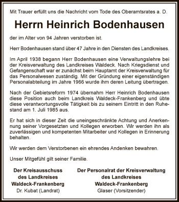 Traueranzeige von Heinrich Bodenhausen von HNA