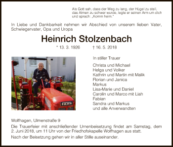 Traueranzeige von Heinrich Stolzenbach von HNA