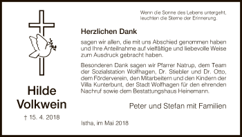 Traueranzeige von Hilde Volkwein von HNA