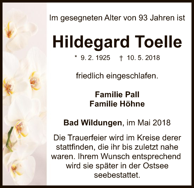  Traueranzeige für Hildegard Toelle vom 12.05.2018 aus HNA