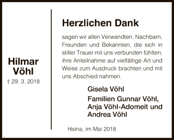 Traueranzeige von Hilmar Vöhl von HNA