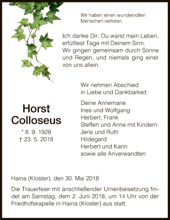 Traueranzeige von Horst Colloseus von HNA